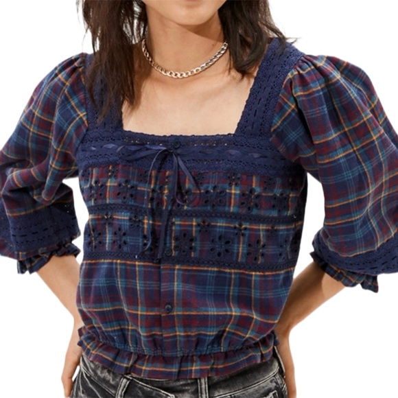 American Eagle Outfitters Tops - American Eagle Puff Sleeve Milk Maid Crop Top Blue Plaid Size XS Square Neckline